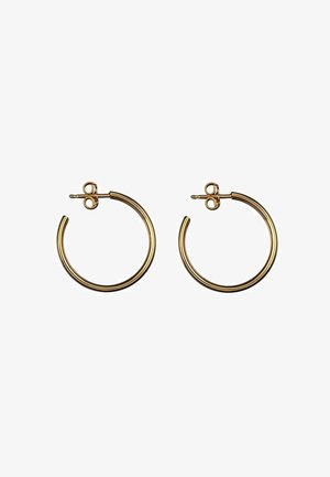 Pendientes de aro dorados con un diseño redondeado y suave, que presentan un cierre seguro y un acabado metálico brillante.