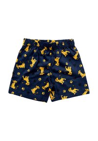 Navy blue children's shorts with yellow cartoon lion cubs and paw prints, elastic waistband, laid flat on white background.