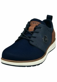 Jūras zilas sieta sporta kurpes ar brūnām ādas detaļām, apaļa purngala forma un balta gumijas zole. Iekļauj šņorējamību un logo sānos.