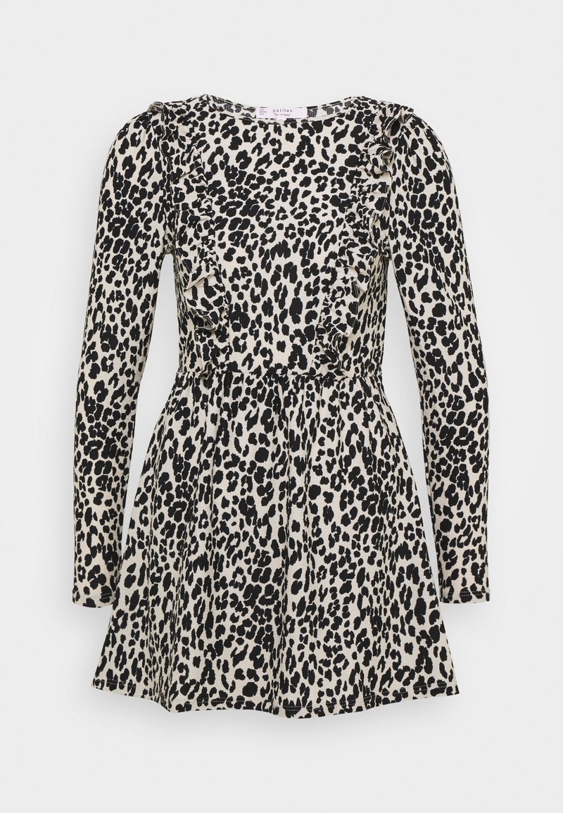 Kjol med leopardtryck, långa ärmar, volangdetaljer, åtsittande midja och utsvängd kjol. Tillverkad av lätt tyg i beige och svarta färger.