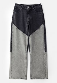 Jeans de tiro alto y pierna ancha con un diseño en bloques de color en mezclilla gris oscuro y gris claro. Incluyen un diseño estándar de cinco bolsillos.