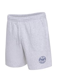 Shorts en sweat gris clair avec une taille élastique, des poches latérales et un logo brodé bleu marine sur le bas à gauche.