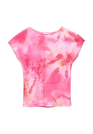 Top a maniche corte in tessuto rosa chiaro con motivo floreale astratto, dotato di scollo rotondo e vestibilità comoda. Tessuto liscio, senza hardware visibile.