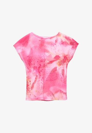 Top a maniche corte in tessuto rosa chiaro con motivo floreale astratto, dotato di scollo rotondo e vestibilità comoda. Tessuto liscio, senza hardware visibile.