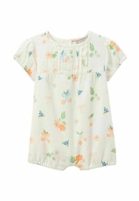 Rompers court à imprimé floral en tissu blanc doux. Doté de manches bouffantes, de boutons et d'une taille froncée avec des ouvertures de jambe élastiques.
