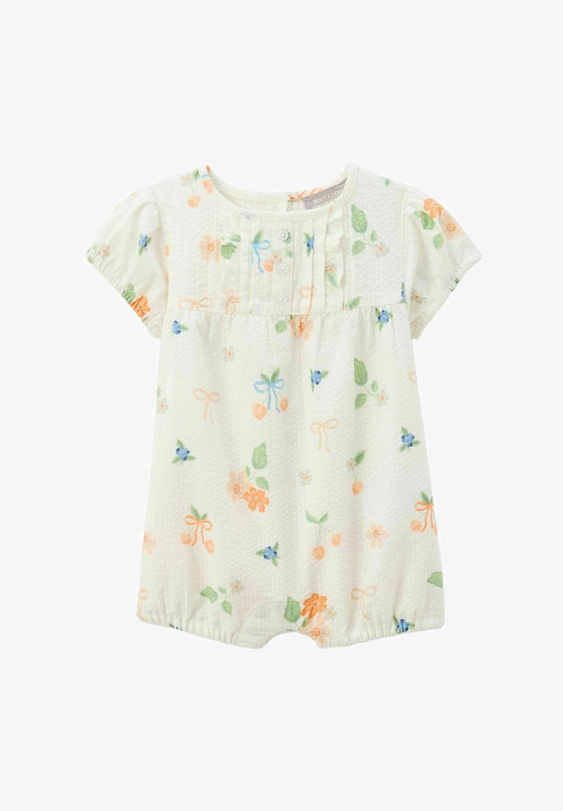 Rompers court à imprimé floral en tissu blanc doux. Doté de manches bouffantes, de boutons et d'une taille froncée avec des ouvertures de jambe élastiques.