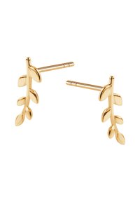 Złote kolczyki w kształcie liścia, z pięcioma gładkimi, zaokrąglonymi płatkami rozszerzającymi się od centralnego pnia, o wypolerowanej powierzchni.