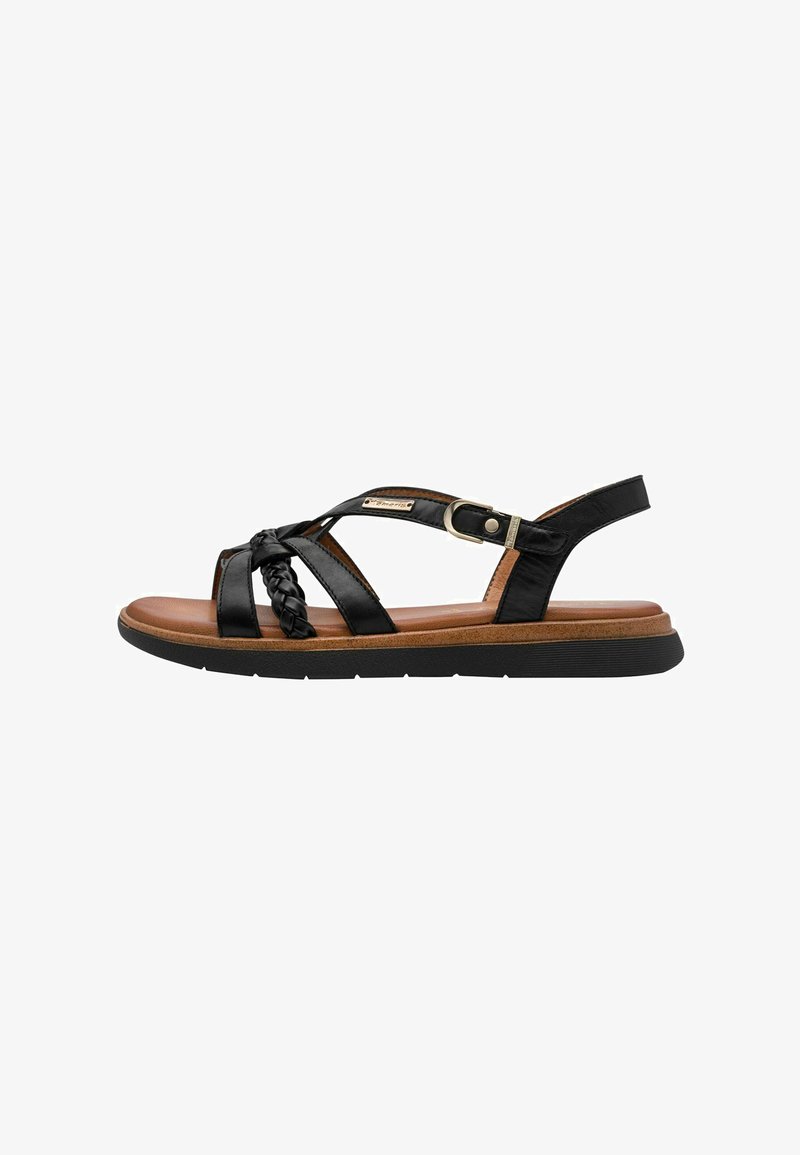 Sandales en cuir noir avec un design tressé, une sangle réglable et une semelle intérieure marron rembourrée. Semelle en caoutchouc plate pour le confort.