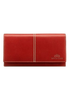 Red leather wallet with a smooth texture, featuring white stitching and a logo embossed on the front. Flap closure, rectangular shape.