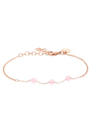 Bracelet en chaîne en or rose avec trois perles rondes roses claires, équipé d'un fermoir à homard et d'une longueur réglable pour un ajustement sécurisé.