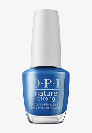 Blue nail polish bottle labeled OPI Nature Strong with white cap, natural origin lacquer, isolated on white background.
