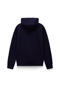 Hanorac cu glugă de culoare bleumarin, cu o textură moale, care dispune de un buzunar tip kangur, manșete și tiv cu dantelă, conceput pentru confort și căldură.