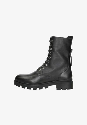 Zwarte leren enkelboot met een gestructureerde afwerking, ronde neus, vetersluiting aan de voorkant en een stevige zool. Voorzien van metalen oogjes en een lus om aan te trekken.