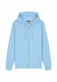 Haut à capuche zippé bleu clair en tissu doux, avec une grande poche avant, des cordons de serrage et des poignets ribbed aux manches.