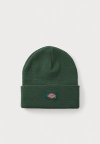Bonnet en tricot vert avec un revers replié et une étiquette rectangulaire arborant le logo "Dickies" avec des accents rouge, jaune et bleu.