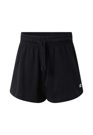 Schwarze Sportshorts mit elastischem Bund und Kordelzug, mit kleinem Champion-Logo am unteren rechten Saum.