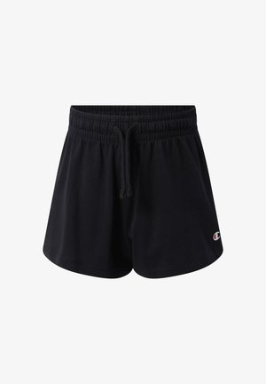 Schwarze Sportshorts mit elastischem Bund und Kordelzug, mit kleinem Champion-Logo am unteren rechten Saum.