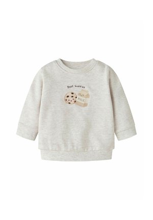 Lysebeige sweatshirt til småbørn med smilende småkage- og mælkekartongrafik og "Best buddies" tekst på forsiden.