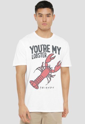 Young man wearing a white T-shirt with a red lobster and text "You're my lobster" and "Friends" logo.