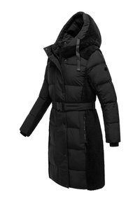 Zwarte pufferjas met een gestructureerde fleece zij, hoge kraag, ceintuur in de taille en ritszakken. Gladde stof met een matte afwerking.