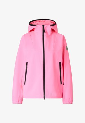 Bright pink hooded jacket with black front zipper and zippered side pockets, elastic cuffs, and a small logo patch on the left sleeve.