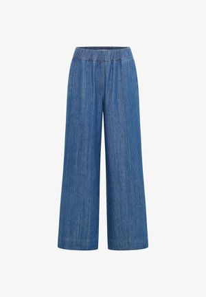 Wide-leg blue denim pants with elastic waistband and side pockets, designed for casual wear.