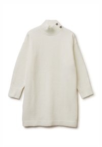 Maglione bianco, oversized, con un col alto a coste e due bottoni decorativi. Tessuto morbido con polsini e bordo a coste.