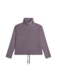 Top de cuello alto de manga larga en color púrpura, fabricado en un material suave con cordones en el dobladillo. Presenta un detalle bordado en la manga.