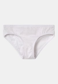 Culotte en coton rose clair avec de fines rayures blanches et de petits motifs en pois, dotée d'une taille élastique et d'ouvertures pour les jambes pour plus de confort.