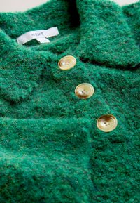 Manteau en laine texturée verte avec de gros boutons beige et une étiquette de marque « NEXT » à l'intérieur du col.
