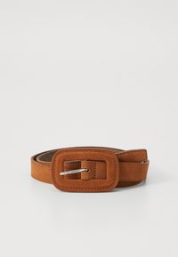 Brown suede belt with a rectangular buckle, featuring a silver prong. The belt has stitched edges and a smooth texture.