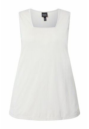 White sleeveless women's top with slight texture and a square neckline, labeled "LILA POPKEN" on the inside collar.