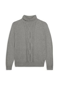 Pull en maille gris avec un col montant côtelé, présentant des motifs de câbles texturés sur le devant et des finitions côtelées à l'ourlet et aux poignets.