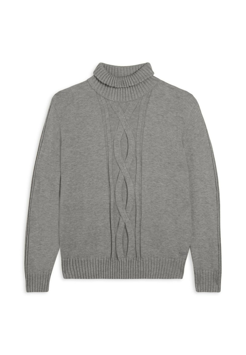 Pull en maille gris avec un col montant côtelé, présentant des motifs de câbles texturés sur le devant et des finitions côtelées à l'ourlet et aux poignets.