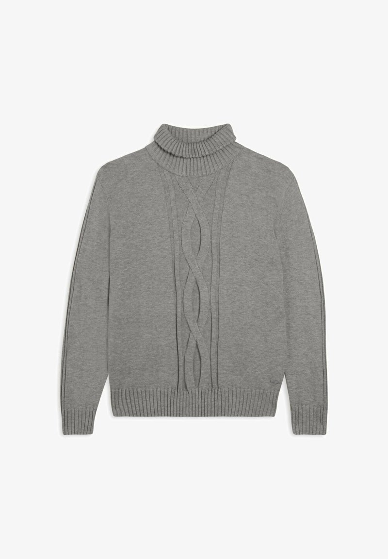 Maglione grigio in maglia con un alto colletto a costine, caratterizzato da motivi a trecce texture lungo la parte anteriore e orlo e polsini a costine.