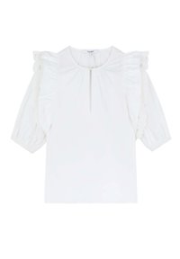Weißes Blusenshirt mit kurzen Puffärmeln, das über Rüschendetails und einen subtilen Schlüsselloch-Ausschnitt verfügt. Glatte Stoffoberfläche mit einheitlicher Textur.