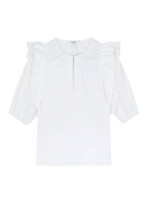 Camicia bianca con maniche a sbuffo corte, caratterizzata da dettagli arricciati e un colletto a chiave discreto. Tessuto liscio con una texture semplice.