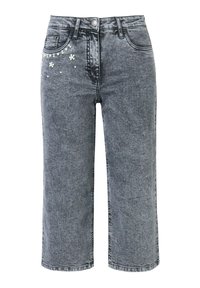 Jeans culotte in denim grigio con vita alta, cinque tasche e decorazioni floreali sulla parte frontale. Design pulito e strutturato.