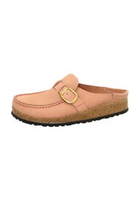 Light pink slip-on shoe featuring a front buckle, soft leather upper, textured cork midsole, and black rubber outsole.