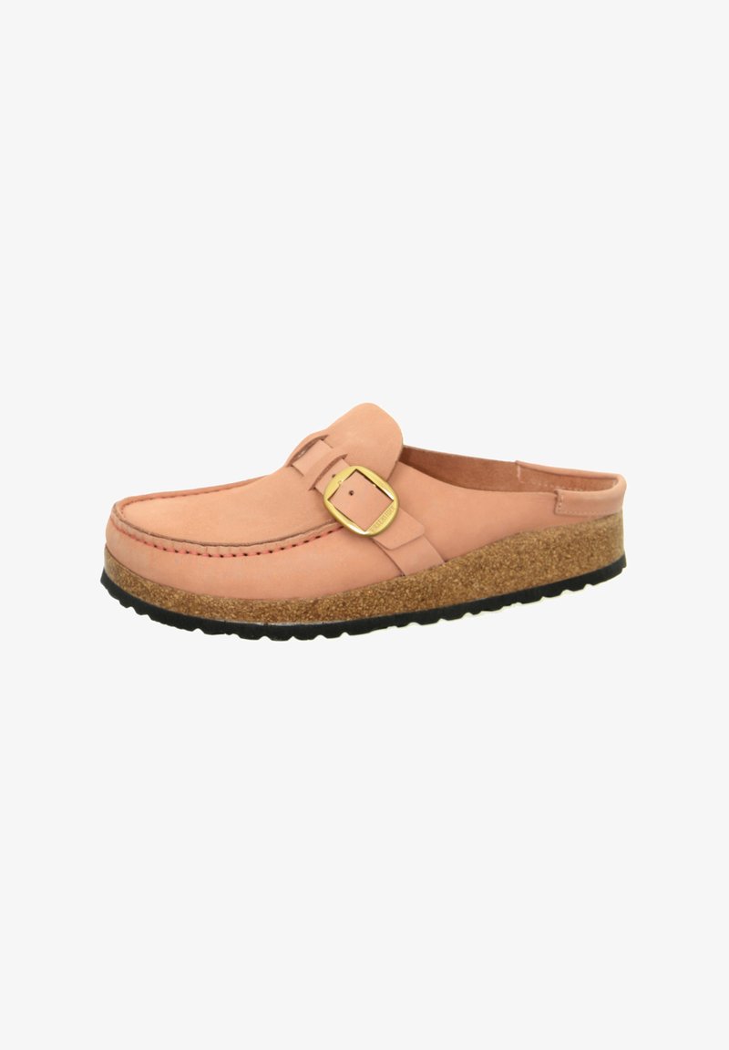 Light pink slip-on shoe featuring a front buckle, soft leather upper, textured cork midsole, and black rubber outsole.