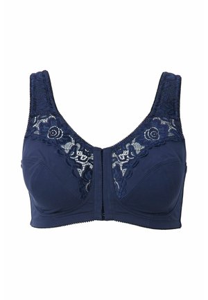 Ein navyblauer BH aus weichem Stoff, mit Spitzendetails auf den Cups, breiten Trägern und einem Verschluss vorne. Verfügt über florale Spitzenverzierungen.