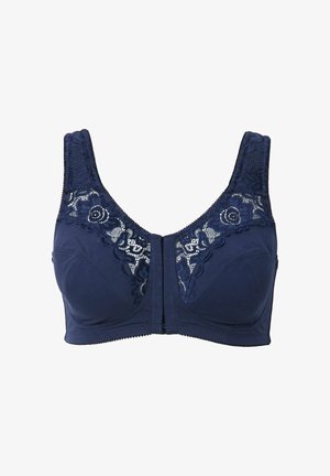 Soutien-gorge bleu marine en tissu doux, avec des accents en dentelle sur les bonnets, des bretelles larges et une fermeture à l'avant. Présente des détails en dentelle florale.