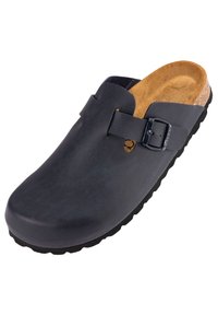 Zwarte leren klomp met een natuurlijke kurken inlegzool, verstelbare gespsluiting en rubberen zool. Gladde oppervlakte met een afgeronde teendesign.