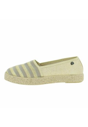 Espadrille beige clair avec des rayures grises, tige en toile et semelle en jute tissée. Il présente un bout rond et un logo minimaliste sur le talon.