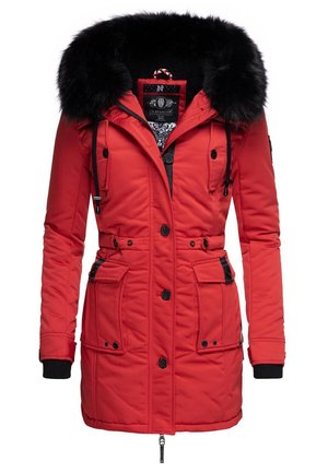 Red insulated parka with a faux fur hood, button and zipper closure, drawstring waist, and multiple front pockets. Smooth texture.