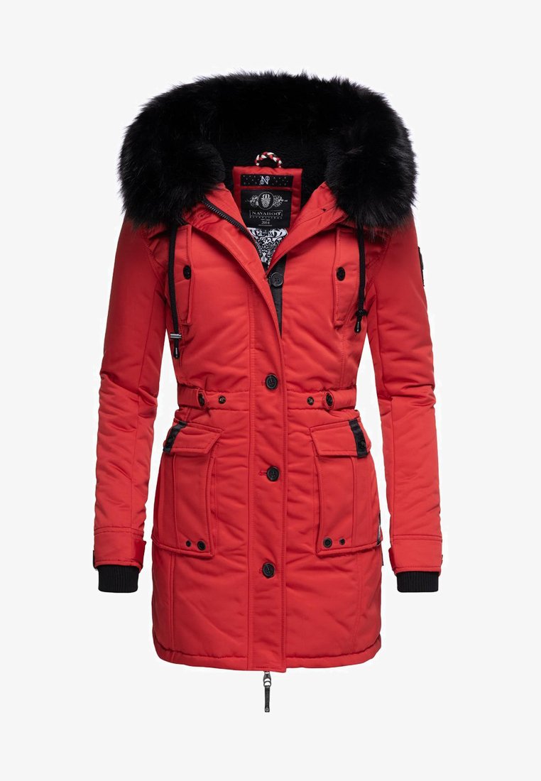 Rød isolert parka med hette i faux pels, knapp- og glidelås-lukking, snøring i midjen og flere frontlommer. Glatt tekstur.