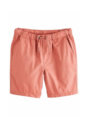 Shorts de bain en mélange de coton corail, dotés d'une taille élastique avec cordon de serrage, de poches latérales et d'une texture lisse et légère.