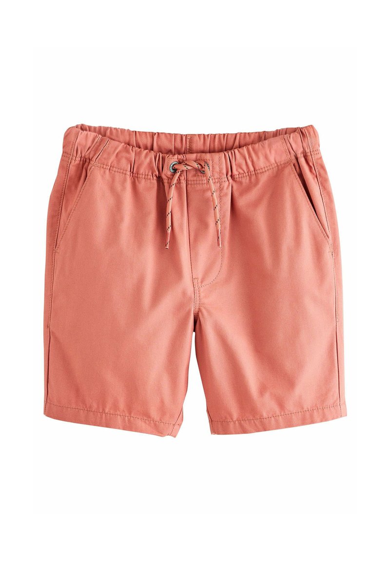 Shorts de bain en mélange de coton corail, dotés d'une taille élastique avec cordon de serrage, de poches latérales et d'une texture lisse et légère.