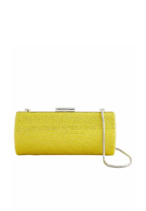 Žltá kabelka typu clutch s textúrovaným povrchom, cylindrickým tvarom, striebornými kovovými časťami a odnímateľným reťazovým popruhom. Obsahuje uzavieranie na zacvaknutie.