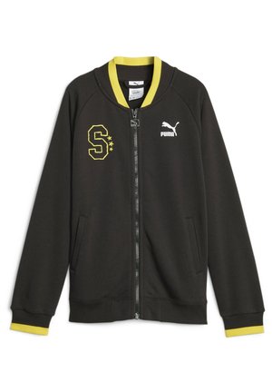 Sort zip-up jakke med gule detaljer, ribbede manchetter og krave, med broderet "S" logo og Puma logo på brystet.